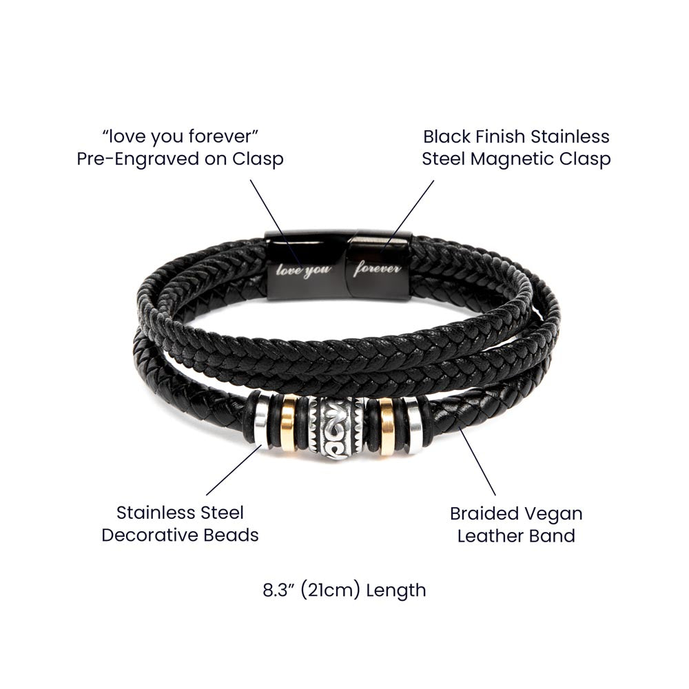 Stainless Steel Handmade Braided Men's Black Vegan Leather Bracelet | Love You Forever