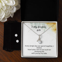 Alluring Beauty Diamond Pendant 14k White Gold Clear Necklace Cubic Zirconia Earring Set For Wife